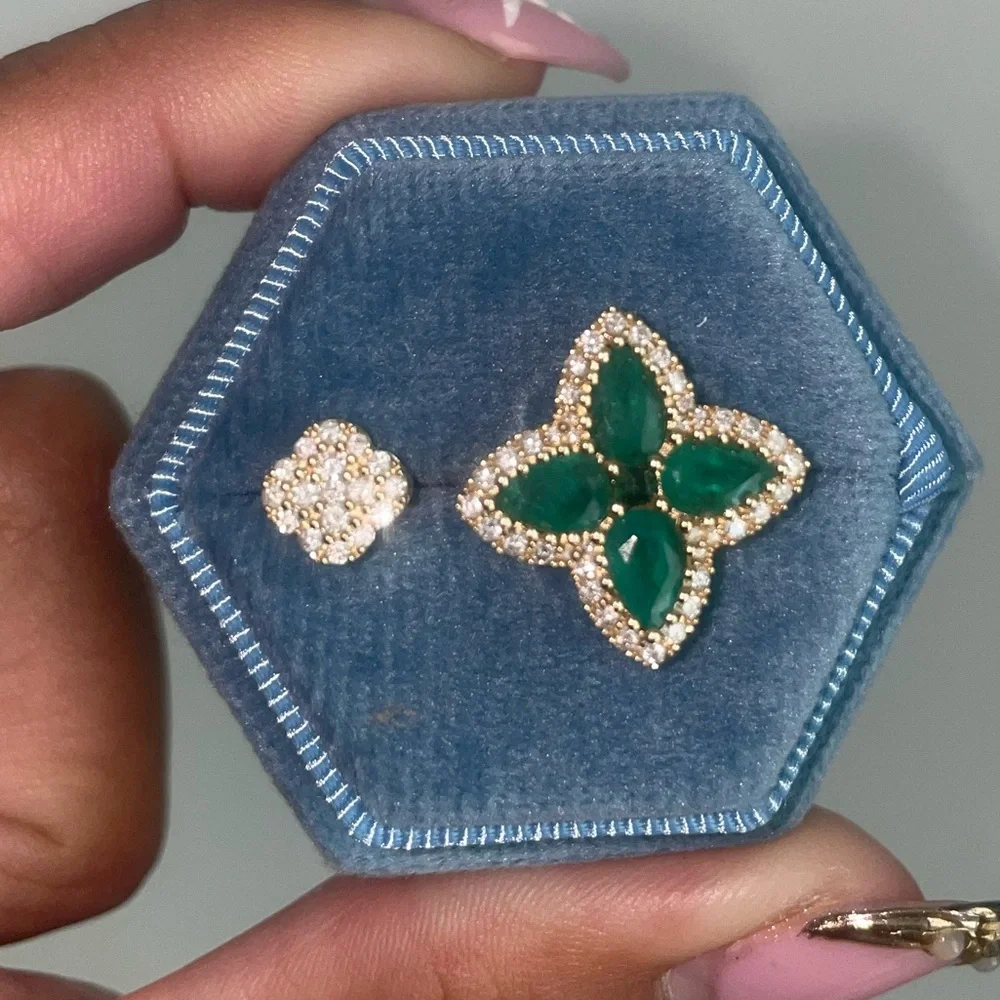 14K yellow gold Clover open ring .4ct diamond 1.4ct emerald
